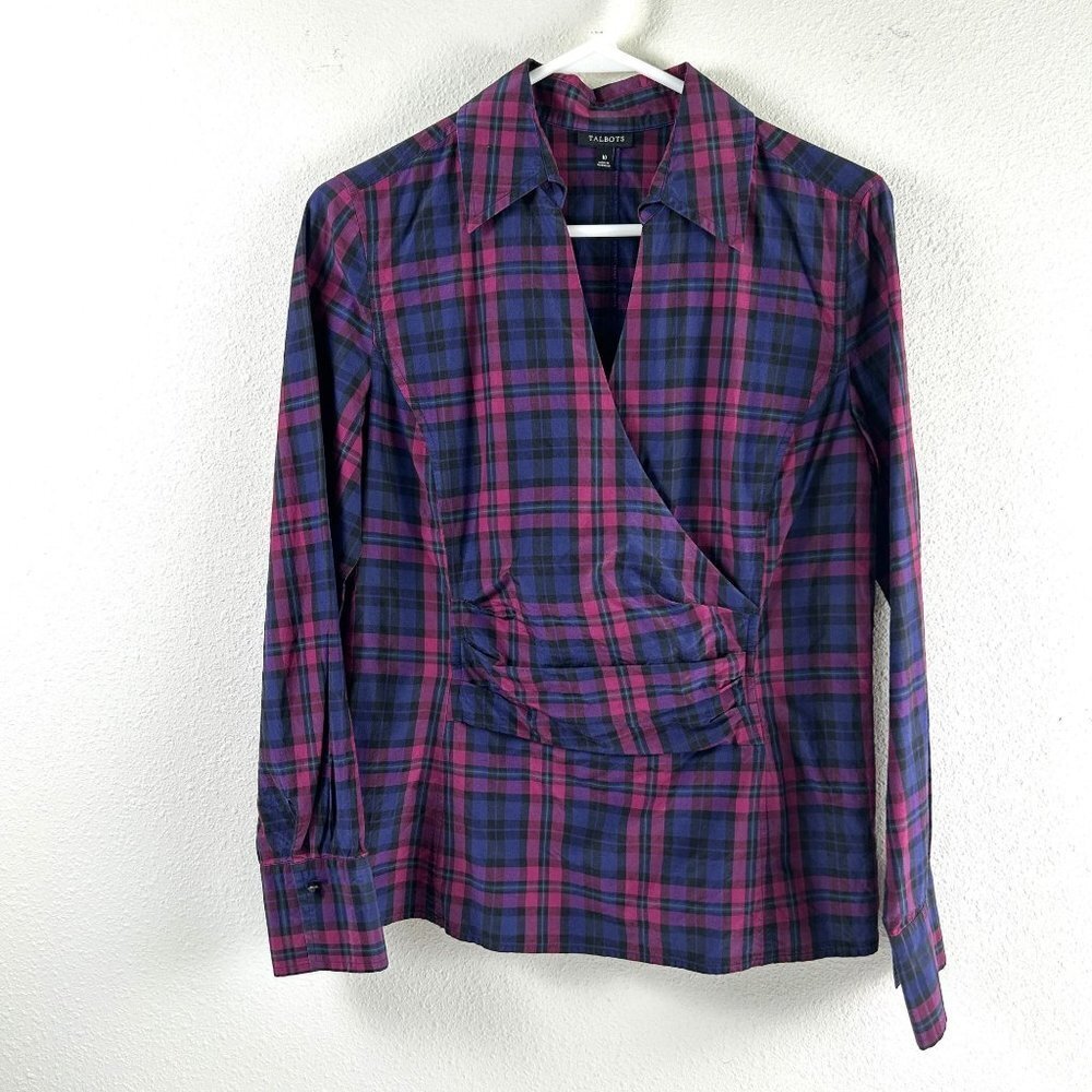 Talbots Blouse Womens 10 Purple Blue Plaid Silk Blend Ruched Faux Wrap‎ Top